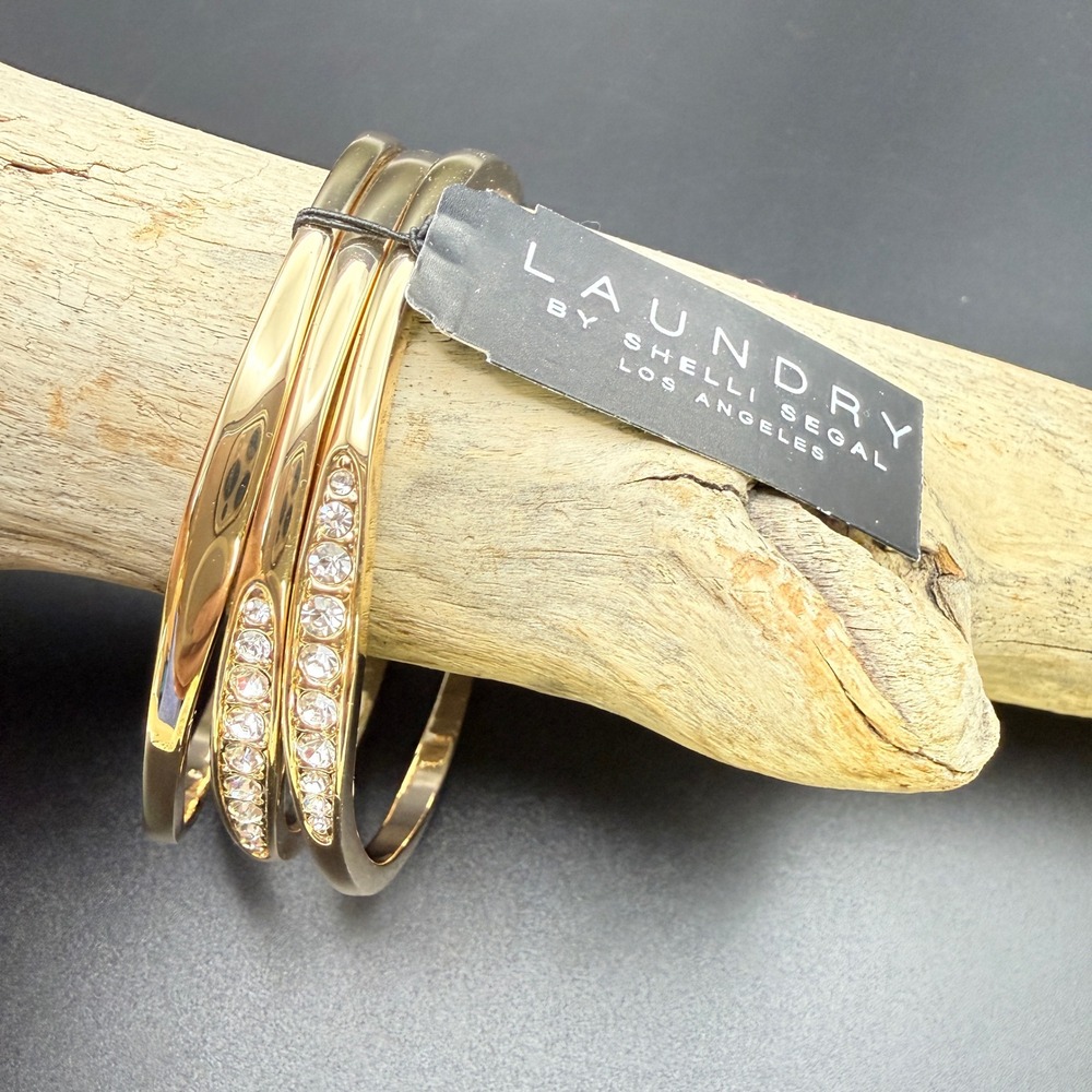 Laundry by Shelli Segal Gold Tone Crystal Bangle Bracelet Set of 3 NWT